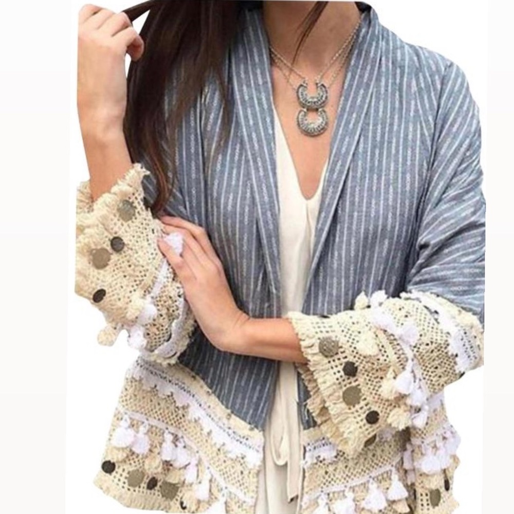 Zara Blue Pom Pom Kimono Style Jacket